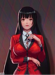 1girls big_breasts black_hair blazer blouse breasts cleavage eyelashes eyeliner eyeshadow female female_only fully_clothed hi_res jabami_yumeko kakegurui lipstick long_hair looking_at_viewer makeup noaqin red_eyes school_uniform shirt skirt very_long_hair