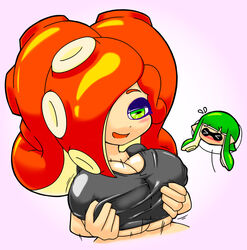 big_breasts breasts clothed clothed_female clothing female futa_on_female futanari green_eyes green_hair inkling inkling_girl intersex nintendo octoling octoling_rival open_mouth paizuri paizuri_under_clothes red_hair shaking shin_arialente splatoon white_background