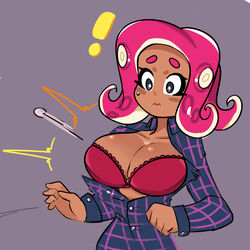 badguyvivi bra breasts bursting_breasts button female octoling pattern_clothing splatoon surprised