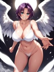 1girls ahoge ai_generated angel angel_wings angry azuma_marina bare_shoulders big_breasts breasts cleavage clenched_teeth female female glowing_eyes huge_breasts isogil kashidashi_tsuma_marina_no_"netorase"_houkoku_binkan_tsuma_to_zetsurin_daigakusei nipples purple_hair reaching_out reaching_towards_viewer seductive sexy_pose shiny_skin short_hair solo thick_thighs thighs white_bra white_thong white_underwear white_wings