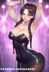 ai_generated big_ass big_breasts big_butt big_thighs black_dress black_eyes black_hair black_pantyhose blush huge_ass huge_butt huge_thighs medium_breasts pantyhose pole pole_dancing stage tight_dress twin_braids wanuze wednesday_addams wide_hips