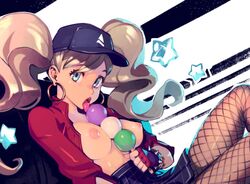 1girls ann_takamaki areolae blonde_hair blue_eyes breasts dango earrings female female_only fingerless_gloves gloves hat hoop_earrings looking_at_viewer nipples open_mouth optionaltypo persona persona_5 persona_5:_dancing_star_night red_gloves solo tongue tongue_out twintails