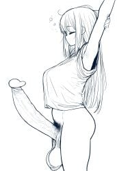 1futa ai_generated balls flappytsk futanari huge_balls huge_cock long_hair morning_wood pubic_hair sleepy solo stretching