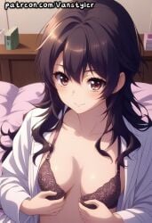 1girls ai_generated ameku_takao ameku_takao_no_suiri_karte bed bedroom black_hair blush bra breasts brown_eyes coat doctor female female_only indoors labcoat long_hair looking_at_viewer on_bed patreon petite petite_body petite_female sitting small_breasts smile smiling solo undressing vanstyler white_coat young young_female