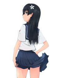 1girls 2020s 2024 absurd_res ass ass_peek bare_thighs black_hair blue_sailor_collar blue_skirt closed_mouth female flower from_behind hair_flower hair_ornament hand_on_own_hip hi_res long_hair looking_at_viewer looking_back loose_hair_strand musaki_(msaki666) sailor_collar sakugawa_school_uniform saten_ruiko school_uniform schoolgirl serafuku simple_background skirt smile solo standing summer_uniform teenage_ass teenage_girl teenager thighs to_aru_kagaku_no_railgun to_aru_majutsu_no_index white_background young