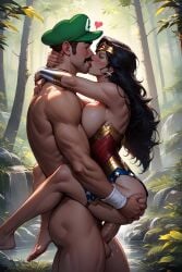 1boy 1girls ai_generated arms_wrapped_around_partner ass_grab black_hair breasts carrying carrying_partner cling closed_eyes clothed_female_nude_male clothing crossover dc dc_comics duo facial_hair female forest forest_background genitals grabbing_ass green_hat hands_on_ass hat heart kissing light-skinned_female light-skinned_male light_skin long_hair luigi male male/female mario_(series) moustache muscular muscular_male nintendo nude nude_male nude_male_clothed_female outdoors penis penis_in_pussy sex standing standing_sex straight straight_sex trees weird_crossover wonder_woman wonder_woman_(series)