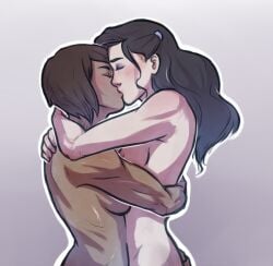 asami_sato black_hair brown_hair canon_couple dark-skinned_female hugging interracial_yuri korra lesbian_couple lesbian_kiss muscular_arms muscular_female the_legend_of_korra