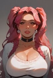 ai_generated choker cleavage female flower_earrings pink_hair twintails