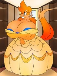 2_tails 3:4 absurd_res anthro areola areola_slip beauty_and_the_beast bella_the_buizel big_breasts black_nose blep blue_areola blue_eyes blue_nipples breasts buizel clothed clothing disney dress female fitting_room fur generation_4_pokemon gown hair hands_together hi_res huge_breasts mammal mirror multi_tail mustelid nintendo nipple_outline nipples orange_body orange_fur orange_hair otter pink_tongue pokemon pokemon_(species) punch_pubby shelf smile solo tail tongue tongue_out yellow_clothing yellow_dress