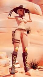 1futa 3d areolae ashe_(overwatch) balls belt blender boots breasts clothing cowboy_hat dickgirl erect_nipples footwear functionally_nude futa_only futanari gloves half-erect handwear hat holster intersex medium_breasts mostly_nude nipples nude nudity overwatch penis revolver solo strapy tactical_nudity