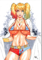 1girls 2018 batman_(series) belly_button belt big_breasts bikini_top blonde_hair blue_bra blue_eyes blue_highlights bra bracer busty cleavage dated dc dc_comics ed_benes_studio eyeshadow female female_only front_view harley_quinn highlights hot_pants human jacket large_breasts lipstick makeup mascara midriff navel necklace nipples nipples_visible_through_clothing pink_lips pink_lipstick pinup red_highlights short_shorts shorts signature solo standing stomach thighs twintails vagner_fernandes white_jacket