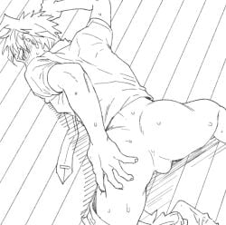ass ass_focus ass_grab blush danganronpa danganronpa_2:_goodbye_despair hinata_hajime looking_back male male_focus male_only pants_around_one_leg pantsless partially_clothed shirt solo solo_focus solo_male spread_ass spread_legs uurin