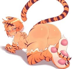 2024 ass blue_eyes blush breasts brown_fur brown_hair feet feline female female_only furry looking_back lurkin nipples orange_fur orange_hair orc_massage original paws short_hair striped_body striped_fur tail thick_thighs thighs tiger tiger_girl valerie_(orc_massage) white_background