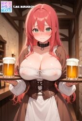 ai_generated alcohol beer beer_mug black_collar blush breasts brown_dress cleavage closed_mouth collar collarbone corset covered_nipples cup dress female green_eyes hair_between_eyes holding holding_tray indoors large_breasts long_hair long_sleeves looking_at_viewer mug red_hair solo tearing_up tray white_dress