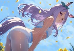 ai_generated animal_ears female horse_girl light_purple_hair long_hair mejiro_mcqueen_(umamusume) purple_eyes small_breasts umamusume umamusume_pretty_derby workout_clothes