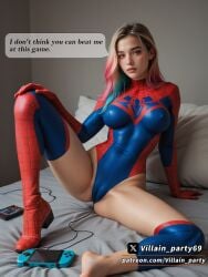 1girls ai_generated blue_eyes bodysuit boots challenge gamer_girl legs long_hair spiderman_suit superheroine villain_party69