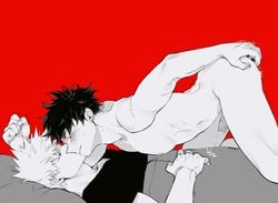 2boys anal_insertion bent_over closed_eyes cum erection fanon_couple gay izuku_midoriya katsuki_bakugou male male_only megane_o__o monochrome motion_lines multiple_boys my_hero_academia nude penis red_background sex_toy sleeping top-down_bottom-up yaoi