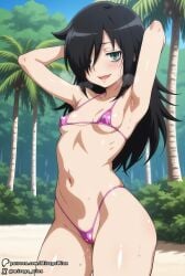 ai_assisted ai_generated armpits arms_behind_head bags_under_eyes bikini black_hair blush cameltoe erect_nipples green_eyes heavy_breathing kuroki_tomoko looking_at_viewer micro_bikini mirageart naughty_face pov pussy pussy_juice sexy sexy_armpits sexy_pose small_breasts small_waist sweat sweatdrop sweating watashi_ga_motenai_no_wa_dou_kangaetemo_omaera_ga_warui!