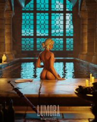 3d ass bathing bathroom breasts bubble_butt cd_projekt_red ciri completely_nude female green_eyes light-skinned_female lumora mascara nude solo the_witcher_(series) the_witcher_3:_wild_hunt white_hair