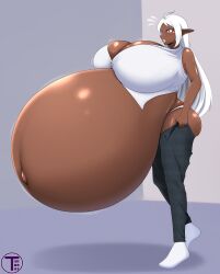 1girls artist_name ass belly belly_bigger_than_head bloated_belly blue_eyes blush breasts breasts_bigger_than_head dark-skinned_female dark_skin female female_focus gigantic_belly gigantic_breasts hyper hyper_belly hyper_pregnancy long_hair original original_character pants pointy_ears pregnant pregnant_female ready_to_pop round_belly simple_background skindentation socks someone_else's_oc standing timaeus white_hair white_lips