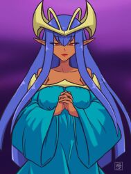 1girl 2022 big_breasts blue_hair dark_elf dark_elf_(yu-gi-oh!) dark_skin deathzera digital_media_(artwork) dress duel_monster female hands_together hi_res huge_breasts konami lipstick looking_at_viewer nipples_visible_through_clothing open_eyes red_eyes robe solo tagme very_long_hair wide_sleeves yu-gi-oh! yu-gi-oh!_duel_monsters