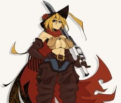 1girls ahoge bare_shoulders big_breasts blazblue blonde_hair breasts cape cleavage cowboy_hat ekkonus elbow_gloves female female_only gloves hand_on_hip holding_object holding_weapon lambda-11 large_breasts looking_at_viewer navel pants red_eyes solo sword white_background