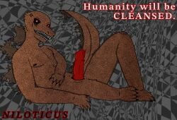 angry animal_humanoid anthro artist_request back_spikes bodily_fluids character_name cross-popping_vein cum cum_from_nose cum_in_nose cum_inside dangerous english_text genital_fluids genitals glowing glowing_eyes glowing_red_eyes humanoid long_tail looking_at_viewer male male/male niloticus_(pillar_chase_2) nipples penis pillar_chase_2 red_penis reptile reptile_humanoid roblox roblox_game scalie scalie_humanoid seductive slit_penis solo source_request spiked_tail spikes spikes_(anatomy) tail teeth_showing text