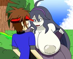 1boy 1girls age_difference ahoge alternate_breast_size areola bent_forward bent_over big_breasts big_nipples blue_eyes blush breasts brown_hair bush clouds day dress edit erect_nipples exposed_breast eye_contact faceless_male female flashing forest grass gray_nipples hairband hat hex_maniac holding huge_breasts human hyper hyper_breasts igphhangout inverted_nipples large_areolae large_breasts larger_female long_hair male nate_(pokemon) nipples one_breast_out open_mouth outdoors pale_skin pokemon pokemon_xy purple_hair shirt size_difference sky smaller_male smile source_request straight tongue tree visor younger_male