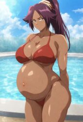 1girls ai_generated aimhoen almost_naked arms_behind_back artist_name big_ass big_belly big_breasts bleach clouds colored dark-skinned_female dark_skin detailed_background female_only long_hair looking_at_viewer patreon ponytail pool pregnant pregnant_female purple_hair red_bra red_panties shihouin_yoruichi shiny_skin sky smile solo_female standing thick_thighs uncensored voluptuous voluptuous_female water yellow_eyes