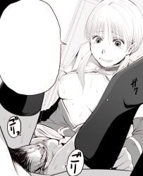 1boy acolyte_(ragnarok_online) bad_id bad_source blank_speech_bubble blood breasts capelet commentary_request defloration female greyscale long_hair looking_down male_pubic_hair medium_breasts missionary monochrome mr.romance nipples open_clothes open_shirt penis pubic_hair pussy ragnarok_online sex skirt solo_focus speech_bubble straight sweat tearing_up thighhighs uncensored vaginal_penetration