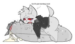 annoyed anthro big_balls big_penis cum erection fat_ass femboy grumpy hat laying_down leaking_cum morning_wood penis_bigger_than_body red_eyes sam_(xexeezy) small_but_hung stinky sweat sweaty text xexeezy