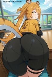 ai_generated animal_ears ass ass_focus cameltoe female from_behind hoyoverse ju_fufu long_hair looking_at_viewer looking_back mihoyo multicolored_hair pantylines smile solo tail thigh_strap tiger_ears tiger_girl tiger_tail vortalis white_hair yellow_eyes zenless_zone_zero