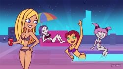 4girls bikini black_bikini blonde_hair female_only jinx_(dc) multiple_girls purple_bikini purple_hair raven_(dc) red_hair starfire starfire_(teen_titans) swimsuit teen_titans terra_(dc) vaultman