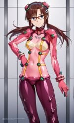 1girl ai_generated alternate_costume blue_eyes bodysuit bra breasts brown_hair collar collared_bodysuit eyewear female glasses hand_on_hip latex latex_bodysuit latex_clothing latex_suit long_hair mari_illustrious_makinami navel navel_visible_through_clothes neon_genesis_evangelion neutral_expression neutral_pose parted_bangs pink_bodysuit pink_latex plugsuit purple_bodysuit purple_latex red_frame_glasses red_glasses see-through see-through_bodysuit see-through_clothing skintight skintight_bodysuit skintight_clothing standing test_plugsuit tied_hair tile_wall translucent_clothing twintails white_wall wrist_cuffs