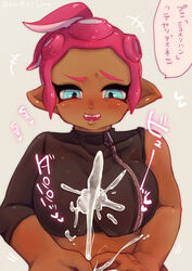 agent_8_(splatoon) black_clothing bonfutsukame cum_on_breasts cum_on_clothes cumshot dark-skinned_female dark_skin female octoling red_hair splatoon splatoon_(series) splatoon_2 splatoon_2:_octo_expansion zipper