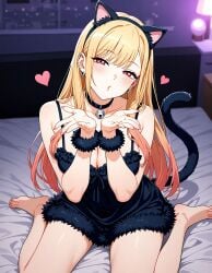 1girls ai_generated babydoll bed bedroom blonde_hair blowing_kiss blush breasts cat_ears cat_tail catgirl choker cleavage cosplay dress ear_piercing earrings fake_animal_ears fake_tail feet female female_only heart kitagawa_marin large_breasts long_hair looking_at_viewer solo sono_bisque_doll_wa_koi_wo_suru