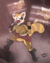 aggressive_retsuko ailurid anthro blokfort boots bottomwear breasts clothed clothing collar concert female fishnet footwear mammal punk pussy red_panda retsuko sanrio screaming skirt smooth_skin solo spiked_collar spikes stage torn_clothing upskirt