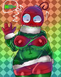 1girls bobette_(dandy's_world) breasts breasts_out christmas dandy's_world exclamation_point female female_only green_clothing highres murasakyyy nipples pussy ripped_clothing self_upload shocked_expression simple_background slightly_chubby solo speech_bubble sweater tagme text waving