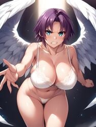 1girls ahoge ai_generated angel angel_wings angry azuma_marina bare_shoulders big_breasts breasts cleavage clenched_teeth female female glowing_eyes huge_breasts isogil kashidashi_tsuma_marina_no_"netorase"_houkoku_binkan_tsuma_to_zetsurin_daigakusei nipples purple_hair reaching_out reaching_towards_viewer seductive sexy_pose shiny_skin short_hair solo thick_thighs thighs white_bra white_thong white_underwear white_wings