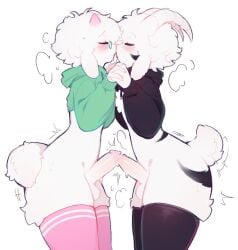 2025 2boys 2femboys anthro anthro_on_anthro asriel_dreemurr asriel_dreemurr_(god_form) balls big_penis blush bodily_fluids boss_monster_(undertale) bottomless bottomless_anthro bottomless_male bovid caprine closed_eyes clothed clothing crop_top cropped_hoodie curvy_figure darkner deltarune dripping duo emanata erection eyewear femboy frottage fur genital_fluids genitals glans glasses goat hair hand_holding hoodie horn humanoid_genitalia humanoid_penis katsucoffee kissing legwear male male/male mammal markings motion_lines penile penis penises_touching precum precum_drip ralsei ralsei_with_white_fur saliva saliva_string sex shirt side_view simple_background squish standing sweat tail tail_motion tailwag thick_thighs thigh_highs thigh_squish thighhighs topwear tuft undertale undertale_(series) white_background wide_hips