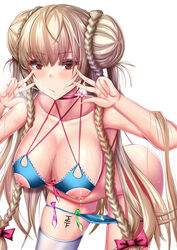 ahoge alternate_costume azur_lane bangs bikini bikini_bottom_pull blue_bikini blush braid breasts choker cleavage condom cum cum_in_pussy double_bun double_w female formidable_(azur_lane) formidable_(the_lady_of_the_beach)_(azur_lane) hands_up lactation large_breasts leaning_forward long_hair looking_at_viewer moepush navel nippleless_clothes red_eyes ribbon sidelocks single_thighhigh solo swimsuit thighhighs used_condom very_long_hair w