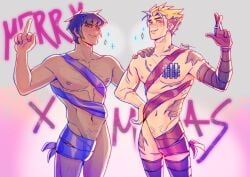 2boys almost_naked christmas ekashu erection looking_at_viewer male_only nicholas_d_wolfwood ribbon_on_penis ribbons scars scars_all_over smile trigun trigun_stampede vash_the_stampede