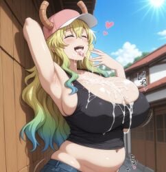 after_fellatio ai_generated big_ass big_hips chubby cum_in_mouth cum_on_breasts curvy curvy_figure female female_focus huge_ass huge_breasts kikia1 kobayashi-san_chi_no_maidragon large_breasts long_hair lucoa_(maidragon) mature_female milf multicolored_hair wide_hips