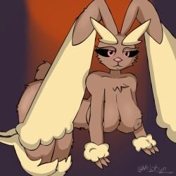 anthro areola big_breasts breasts brown_body digital_media_(artwork) female fur generation_4_pokemon huge_breasts lagomorph leporid looking_at_viewer lopunny mammal nintendo nipples nude pokemon pokemon_(species) rabbit simple_background smile solo tail thick_thighs velobun