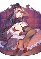 bellona_(epic7) dress epic7 fan green_eyes long_hair panties purple_hair thighhighs wide_thighs