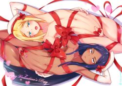 2boys armpits bangs bar_censor blonde_hair blue_eyes blue_hair bow censored closed_mouth collarbone covered_nipples crossdressing dark_skin elbow_gloves erection eyebrows_visible_through_hair femboy from_above girly gloves hand_behind_head hand_on_another's_stomach happy_valentine hat hat_bow heart heart_censor long_hair looking_at_viewer lying male male_only multiple_boys naked_ribbon navel nude on_back open_mouth original parted_bangs pectorals penis penis_ribbon red_bow red_ribbon ribbon rotational_symmetry sanpaku sennomori_maitake sidelocks stomach testicles trap uratari very_long_hair white_gloves white_headwear