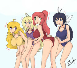 female_only kaminashi_nozomi keijo!!!!!!!! mio_kusakai pyrrha_nikos rwby swimsuit touching yang_xiao_long yuri zronku