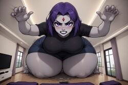 about_to_burst ai_generated angry_face cramped debris expansion giantess_growth grey-skinned_female gritted_teeth growing growth_(enlargement) living_room perchance_ai purple_eyes purple_hair purple_lips raven_(dc) red_forehead_gem short_hair