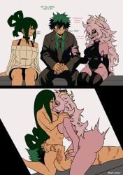 1boy 1boy2girls 2girls 3some alternate_hairstyle before_and_during bisexual_female black_sclera completely_nude female french_kiss french_kissing grabbing_arm grabbing_ass grabbing_butt green_eyes green_hair huge_ass izuku_midoriya karymaniac legwear long_hair male messy_hair mina_ashido my_hero_academia naked nipples nude pink_body pink_hair pink_skin scar_across_eye scars scars_all_over threesome tongue_kiss tongue_kissing tsuyu_asui yellow_eyes yellow_horns