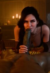 1boy 1girls 3d arcasad big_penis black_hair bra dark-skinned_male female handjob imminent_oral interracial looking_at_viewer muscular_male naked_male pale-skinned_female purple_eyes the_witcher_(series) the_witcher_3:_wild_hunt veiny_penis yennefer